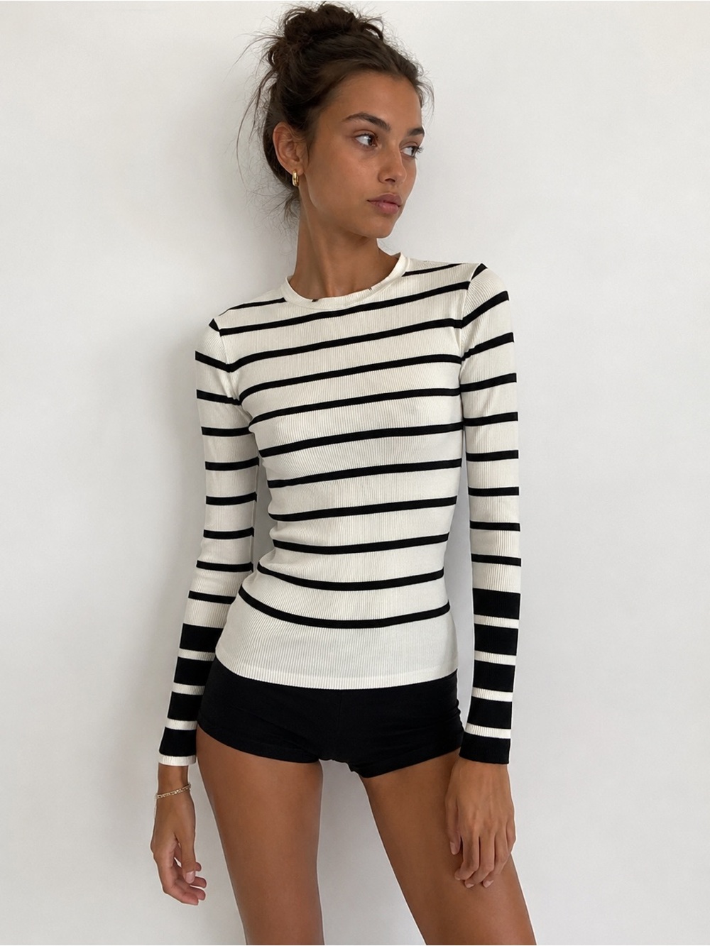 stradivarius Black & White Striped Ribbed Long-Sleeve Top